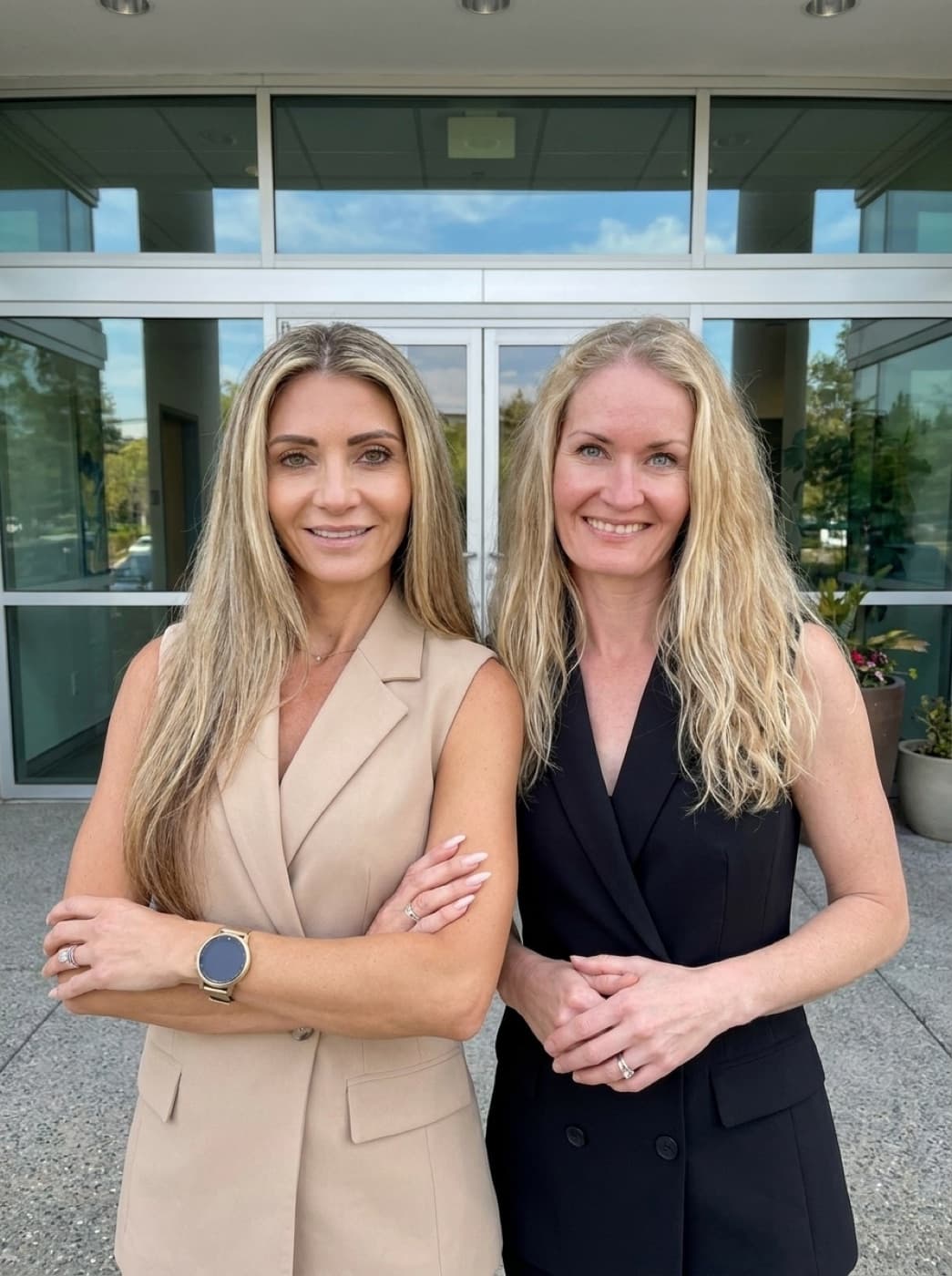 Nicole Beyer und Sandra Heyn vor ihrem Büro